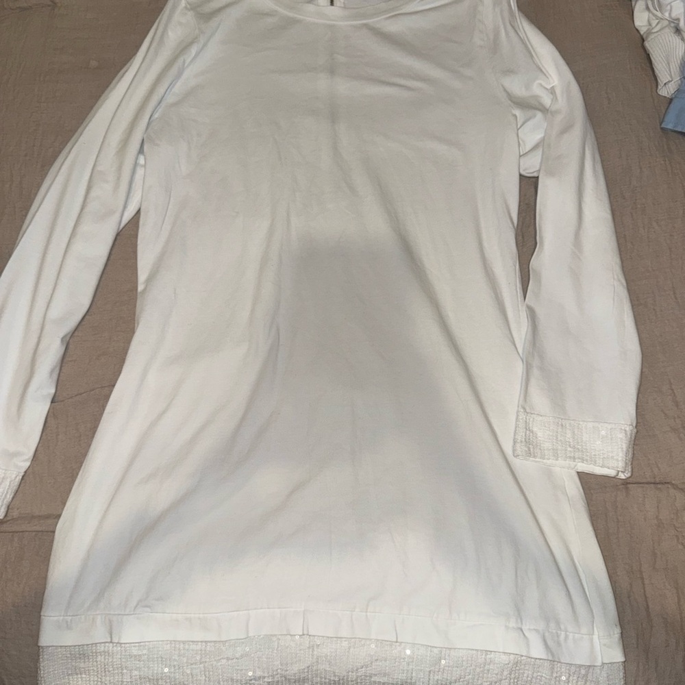 White Long Sleeve Tunic Dress With Sparkles